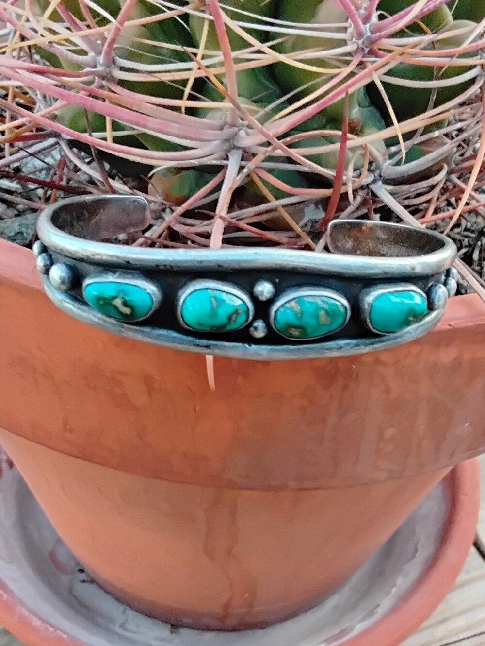 Vintage Sterling Silver Cuff Bracelet 4 Oval Turquoise Blue Stones "6.5" - Picture 5 of 6
